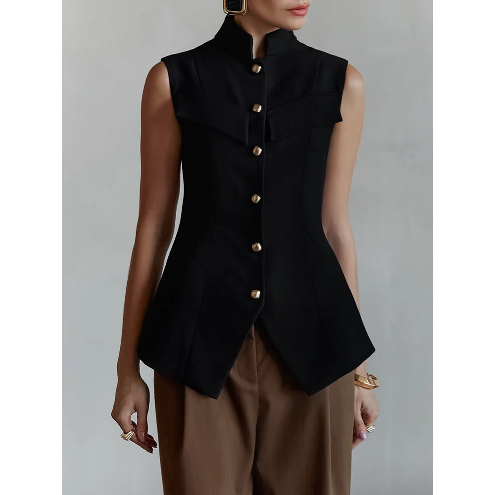 French Style Black Stand Collar Vest Gold Button Slim Fit Asymmetrical Hem Office Blazer Vest for Daily Work
French Style Black Stand Collar Vest Gold Button Slim Fit Asymmetrical Hem Office Blazer Vest for Daily Work