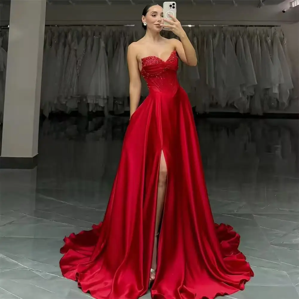 Customized Red Strapless Side High Split Prom Dresses Sequins Sleeveless vestidos de noiva A-Line Appliques Evening Dress
Customized Red Strapless Side High Split Prom Dresses Sequins Sleeveless vestidos de noiva A-Line Appliques Evening Dress