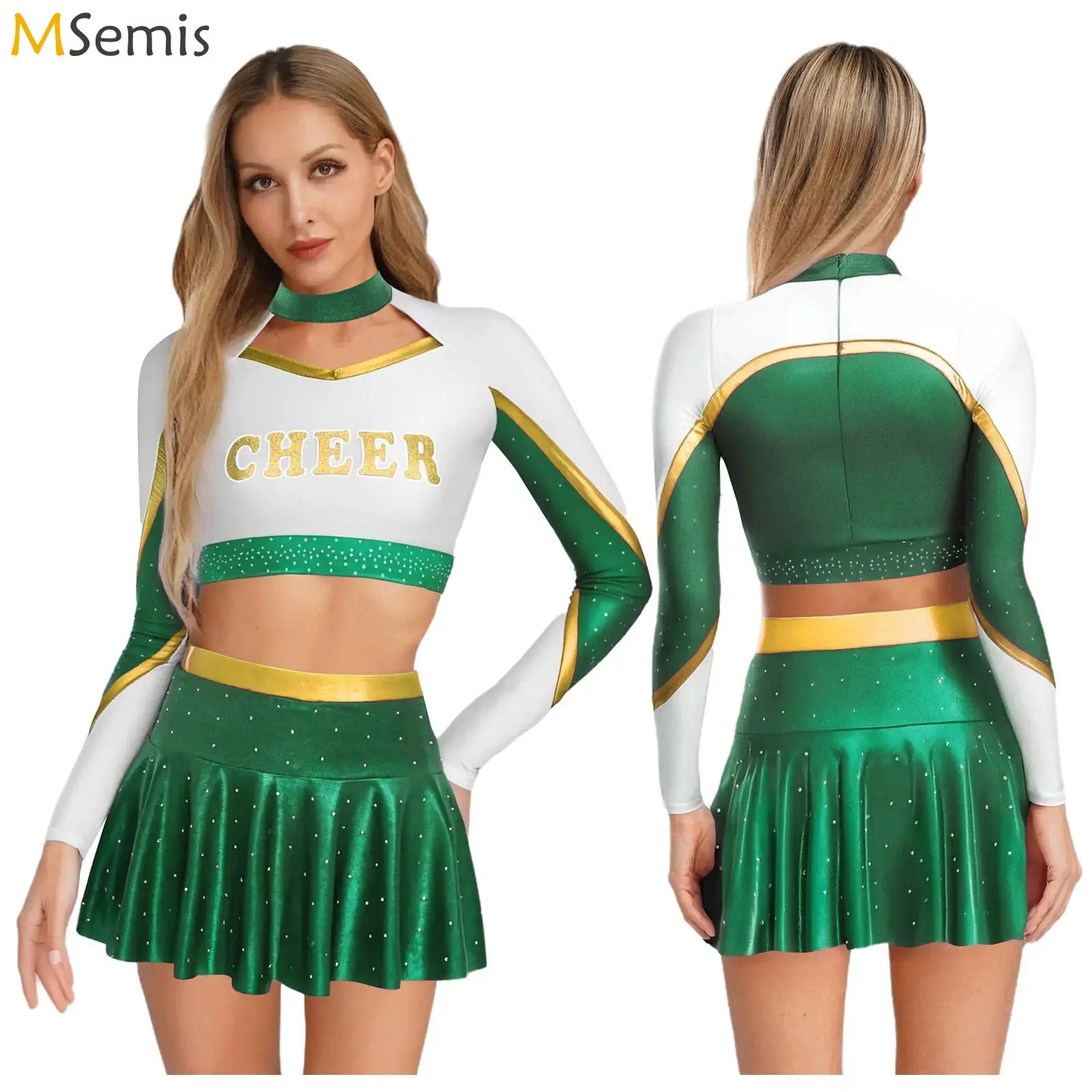 Women Cheer Leader Outfit Uniform High School Cheerleadering Costume with Mini Skirt for Halloween Cosplay Game Team Party Dance
Women Cheer Leader Outfit Uniform High School Cheerleadering Costume with Mini Skirt for Halloween Cosplay Game Team Party Dance