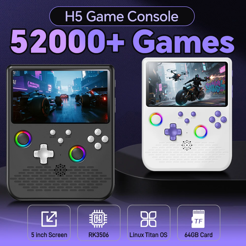 New H5 Handheld Game Console with 52000+ Retro Games&34 Emulators for NES/SNES/SFC/GBA 5 inch Screen RK3506 Chip Dual Joysticks
New H5 Handheld Game Console with 52000+ Retro Games&34 Emulators for NES/SNES/SFC/GBA 5 inch Screen RK3506 Chip Dual Joysticks