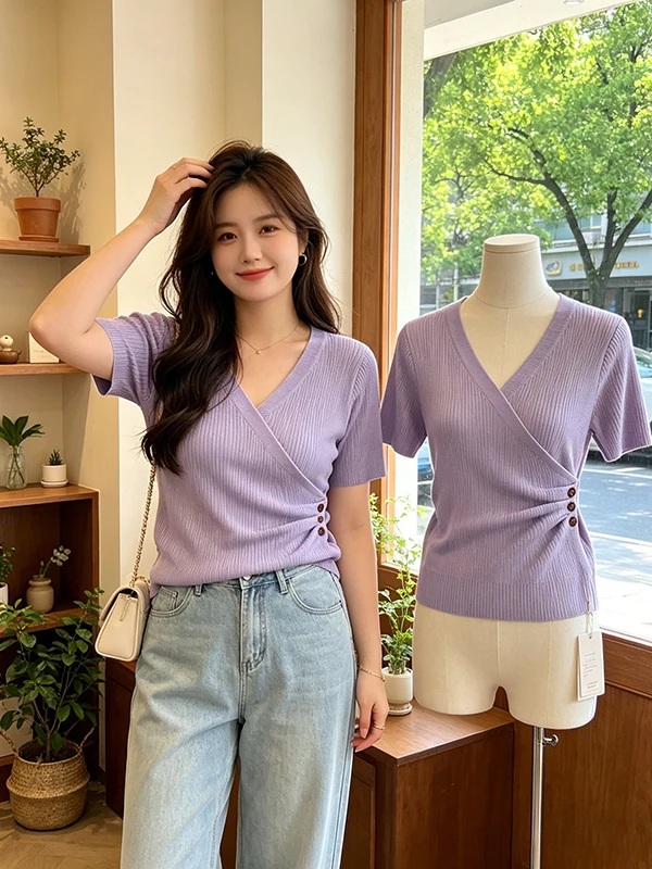 plus Size Gentle Style Purple Thin Short Sleeve T-Shirt V-Neck Knitted Top Side Button Design Summer High-End Feeling Women's...
plus Size Gentle Style Purple Thin Short Sleeve T-Shirt V-Neck Knitted Top Side Button Design Summer High-End Feeling Women's...