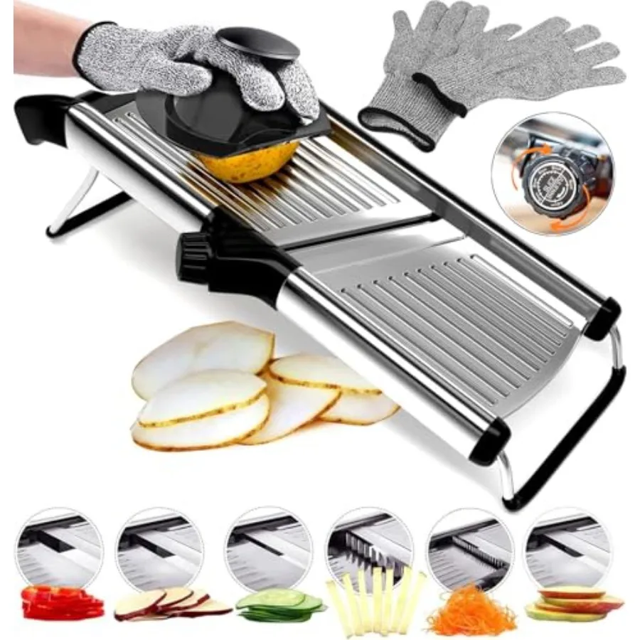 Stainless Steel Mandoline Slicer for Kitchen 6-Setting Adjustable 16.5 x 5 In. Platform Hand Guard Cut-Resistant Gloves Vegetab
Stainless Steel Mandoline Slicer for Kitchen 6-Setting Adjustable 16.5 x 5 In. Platform Hand Guard Cut-Resistant Gloves Vegetab