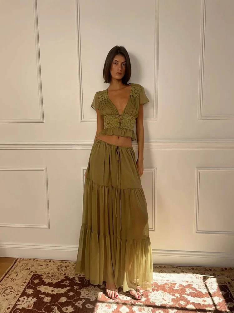 Elegant Mesh Skirts Set Two-piece V-neck Short Sleeve Top + Hight Waist A-line Skirt Lady Simple Slim Vacation Outfits Casual
Elegant Mesh Skirts Set Two-piece V-neck Short Sleeve Top + Hight Waist A-line Skirt Lady Simple Slim Vacation Outfits Casual