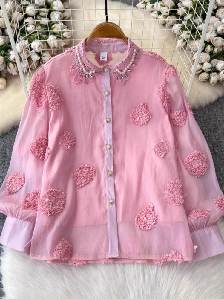 French Sweet Elegant Shirts Turn Down Collar Puff Sleeve Heavy Beading 3D Flower Blouses Spring Autumn All Match Women Clothing
French Sweet Elegant Shirts Turn Down Collar Puff Sleeve Heavy Beading 3D Flower Blouses Spring Autumn All Match Women Clothing