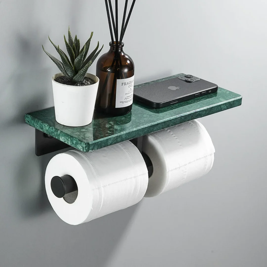 Wall Mounted Green marble toilet paper holder black tissue holder marble black paper roll rack with mobile phone storage rack.
Wall Mounted Green marble toilet paper holder black tissue holder marble black paper roll rack with mobile phone storage rack.