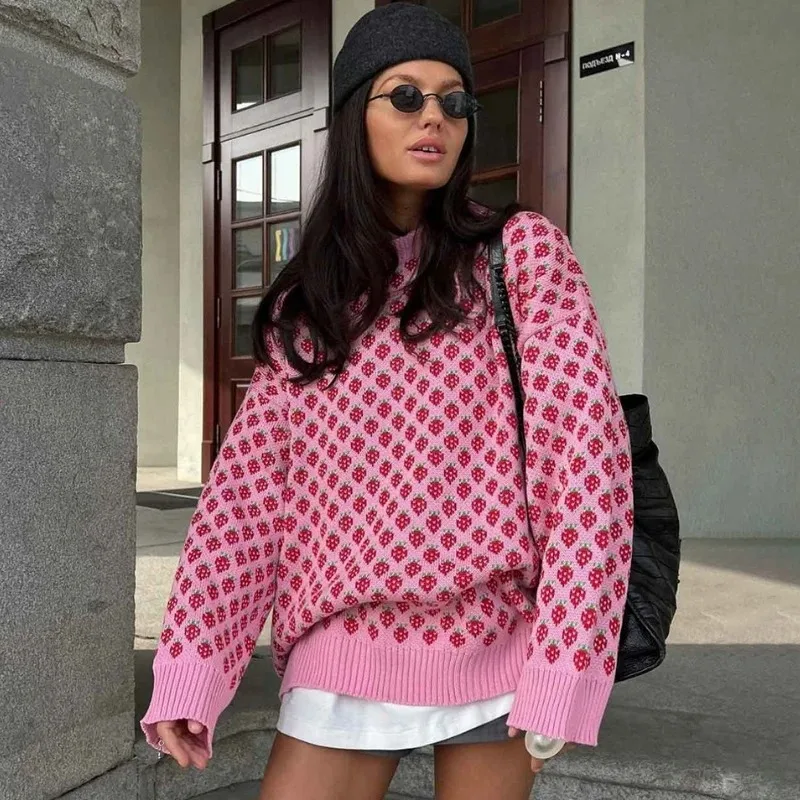Pullovers Strawberry Print Knitted Sweater Women's O-Neck Casual Loose Knitted Pullovers Autumn Fashion Long Sleeves Sweater
Pullovers Strawberry Print Knitted Sweater Women's O-Neck Casual Loose Knitted Pullovers Autumn Fashion Long Sleeves Sweater