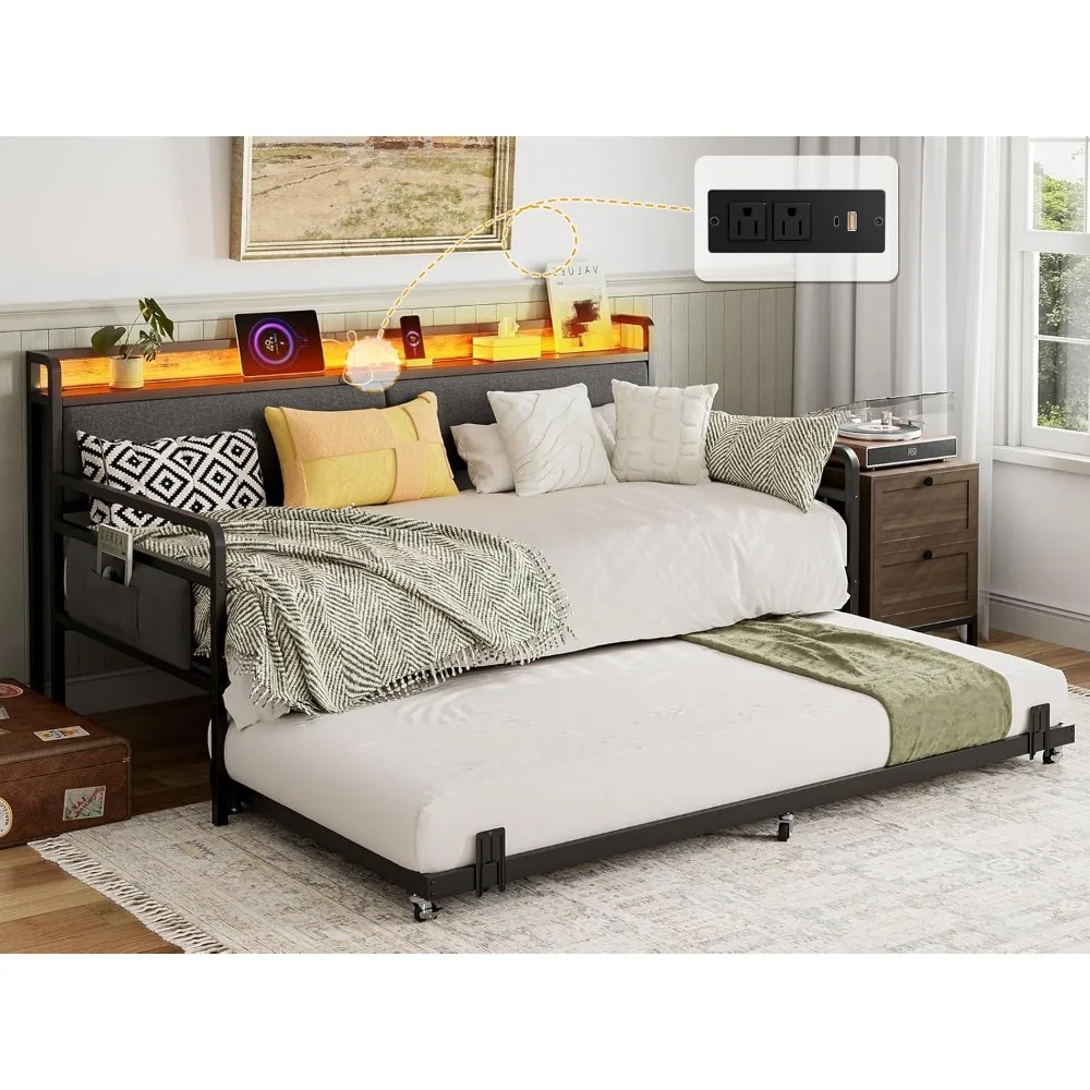 Twin XL Daybed with Trundle and Storage Headboard, Upholstered Sofa Platform Bed Frame with LED Lights & Charging Station
Twin XL Daybed with Trundle and Storage Headboard, Upholstered Sofa Platform Bed Frame with LED Lights & Charging Station