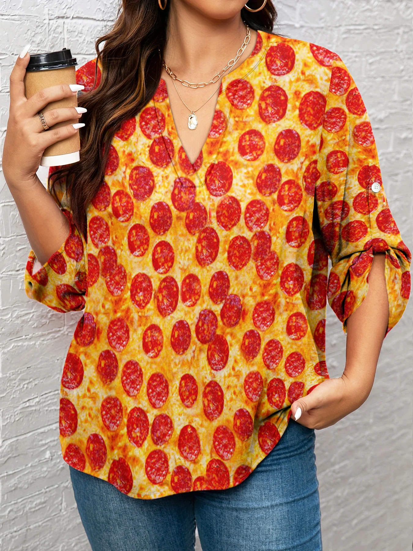 Fashion Women Shirts Delicious Sausage Pizza 3D Printed Tops V-neck Long Sleeve T-shirts Famale Casual Clothing US Size L-5XL
Fashion Women Shirts Delicious Sausage Pizza 3D Printed Tops V-neck Long Sleeve T-shirts Famale Casual Clothing US Size L-5XL