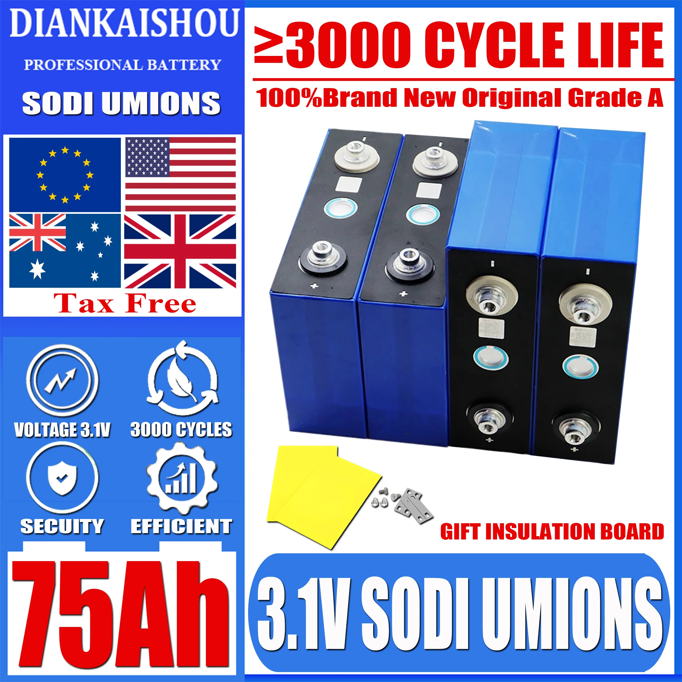 1-16pcs 3.1V/2.9V 75Ah Sodium ion battery 20C discharge 12V 24V electric vehicle and motorcycle solar inverter charging battery
1-16pcs 3.1V/2.9V 75Ah Sodium ion battery 20C discharge 12V 24V electric vehicle and motorcycle solar inverter charging battery