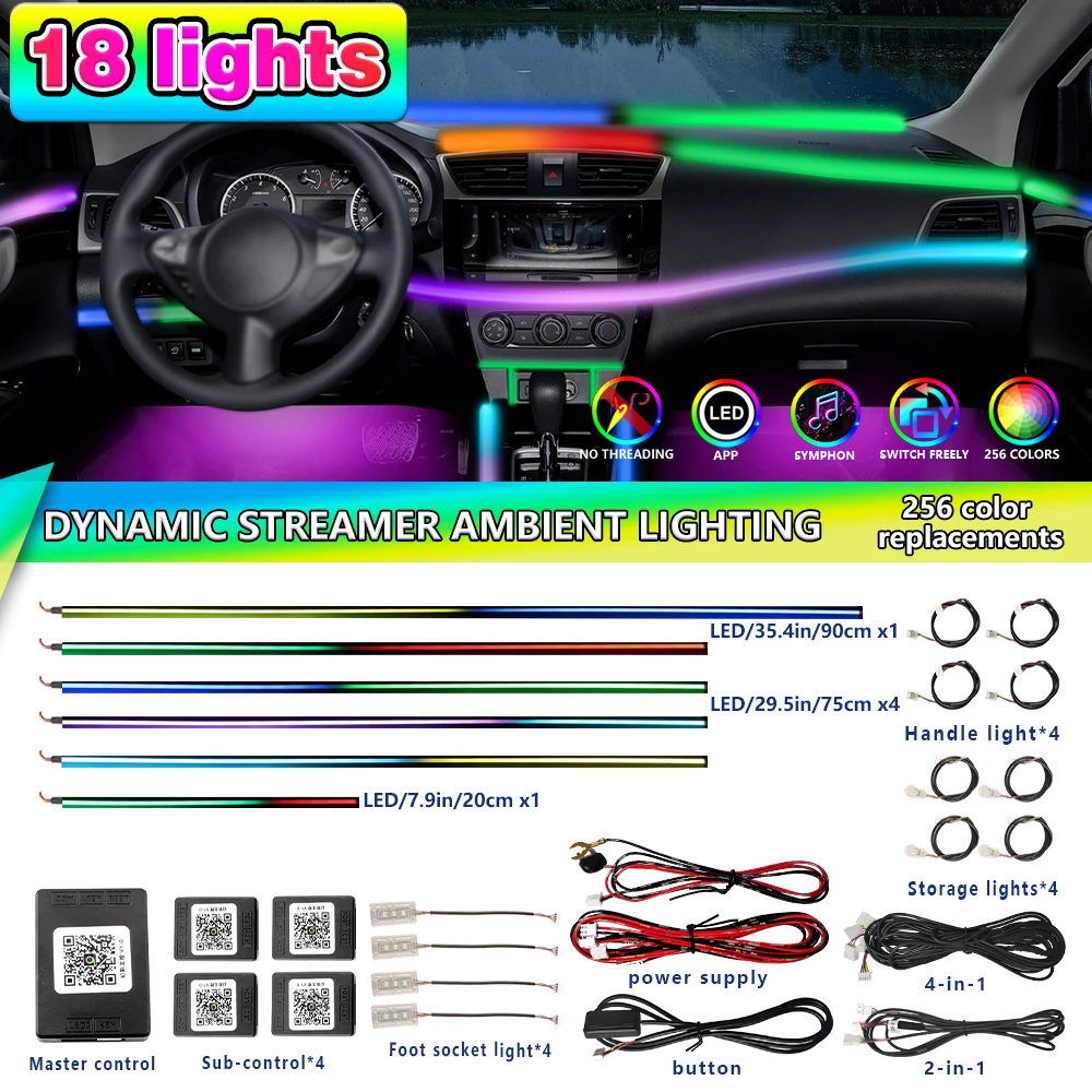 18 in 1 Symphony Ambient Light For Car Accessories Interior RGB Neon Strip Full Colors Decoration Atmosphere Lighting Kit By App
18 in 1 Symphony Ambient Light For Car Accessories Interior RGB Neon Strip Full Colors Decoration Atmosphere Lighting Kit By App