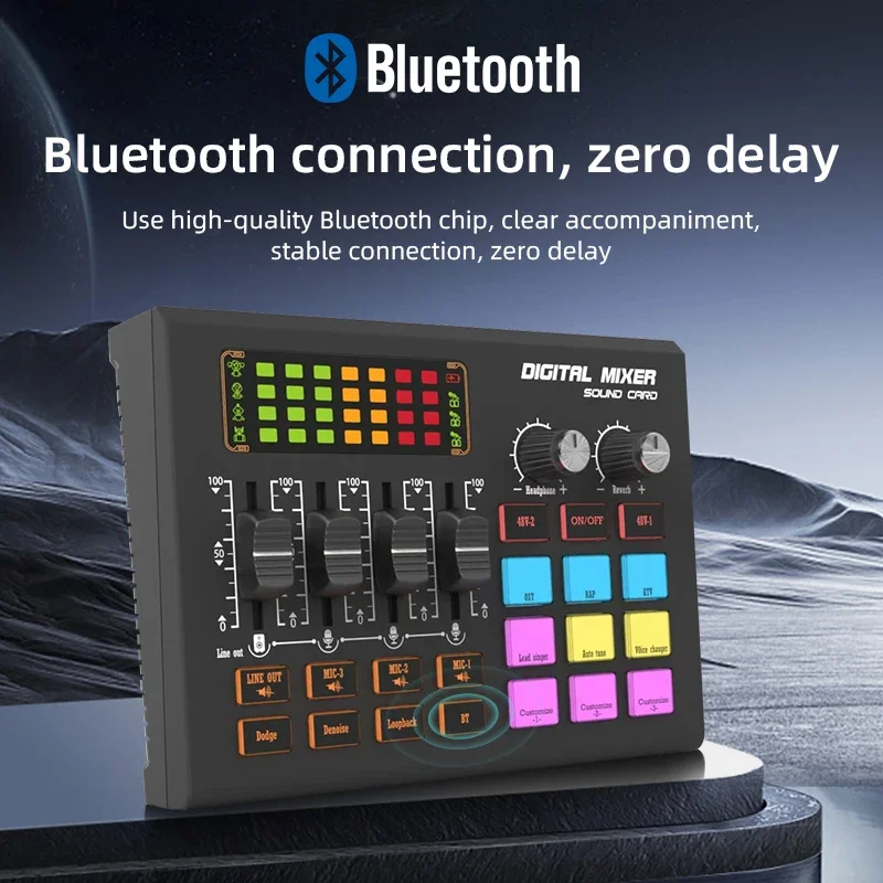 SX10 audio sound card and audio interface, with DJ mixer effects, voice changer, and Bluetooth-supported live singing mixe
SX10 audio sound card and audio interface, with DJ mixer effects, voice changer, and Bluetooth-supported live singing mixe