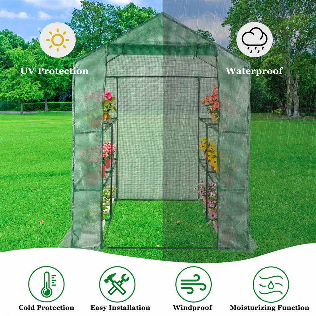 143x143x195cm Black Iron Pipe Steeple With 8 Pieces Grid Flower Stand With Zipper Rolling Door PE Cloth Greenhouse
143x143x195cm Black Iron Pipe Steeple With 8 Pieces Grid Flower Stand With Zipper Rolling Door PE Cloth Greenhouse