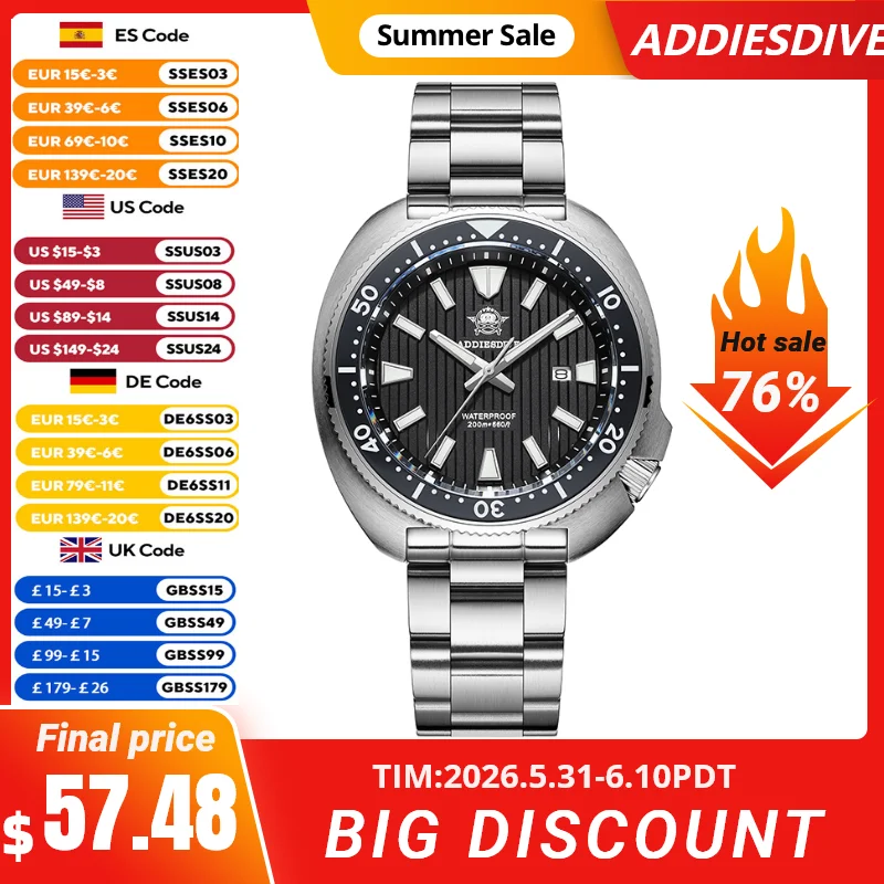 ADDIESDIVE 2025 New Turtle Diver Watch 200m Waterproof Luxury Sapphire Miyota 2115 Quartz Watch BWG9 Luminous Watches For Men
ADDIESDIVE 2025 New Turtle Diver Watch 200m Waterproof Luxury Sapphire Miyota 2115 Quartz Watch BWG9 Luminous Watches For Men