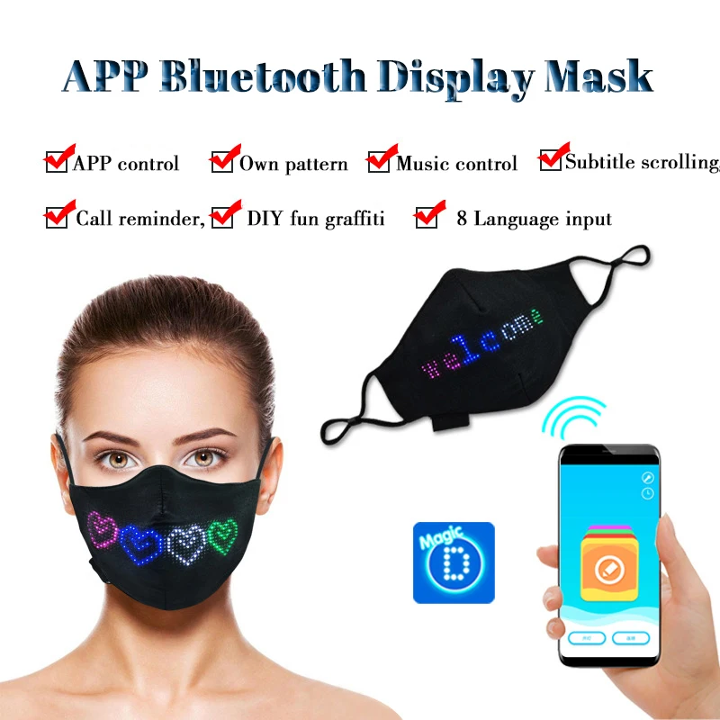 Bluetooth LED Mask Programmable USB Charging Face Mask DIY LED Display Glowing Light Up Face Cover Protector Face Shield PM 2.5
Bluetooth LED Mask Programmable USB Charging Face Mask DIY LED Display Glowing Light Up Face Cover Protector Face Shield PM 2.5