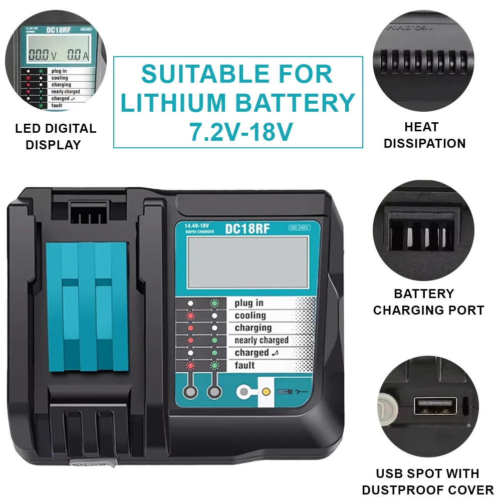 DC18RF для дрели Makita 18 В, зарядное устройство 3A, 3,5 А, литий-ионное зарядное устройство для Makita 14,4 В, 18 В LXT BL1815 BL1860 BL1430 BL1450
DC18RF для дрели Makita 18 В, зарядное устройство 3A, 3,5 А, литий-ионное зарядное устройство для Makita 14,4 В, 18 В LXT BL1815 BL1860 BL1430 BL1450