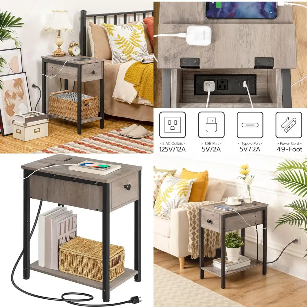 Narrow End Table with Charging Station, Storage Shelves, Ideal for Small Spaces, Living Room, Bedroom, Greige and Black
Narrow End Table with Charging Station, Storage Shelves, Ideal for Small Spaces, Living Room, Bedroom, Greige and Black