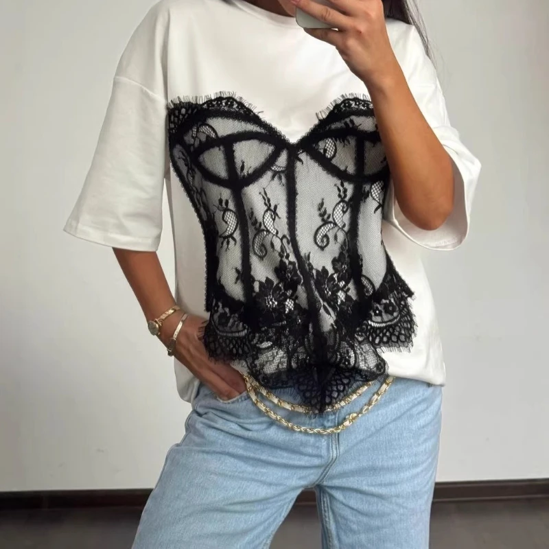 2026 New Summer Women's Fashionable Loose Casual Tops Lace Splicing Short-sleeved T-shirts
2026 New Summer Women's Fashionable Loose Casual Tops Lace Splicing Short-sleeved T-shirts