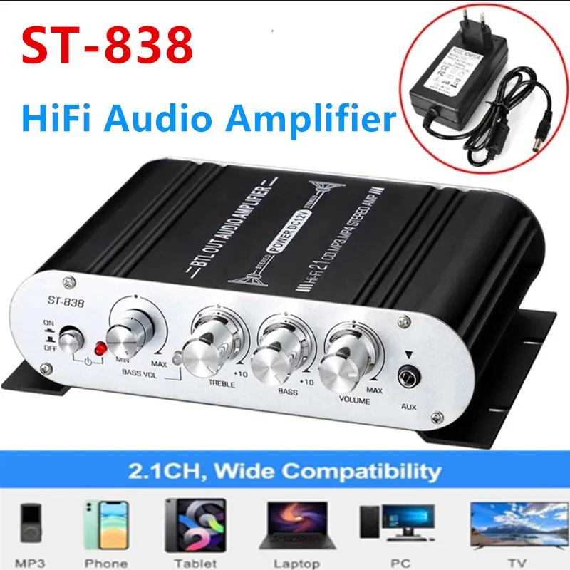 ST-838 HiFi 2,1 канальный аудио усилитель, стерео бас, звук AMP RMS 20Wx2 + 40 Вт Класс D Мини 80 Вт сабвуфер, медиаплеер MP3, черный
ST-838 HiFi 2,1 канальный аудио усилитель, стерео бас, звук AMP RMS 20Wx2 + 40 Вт Класс D Мини 80 Вт сабвуфер, медиаплеер MP3, черный