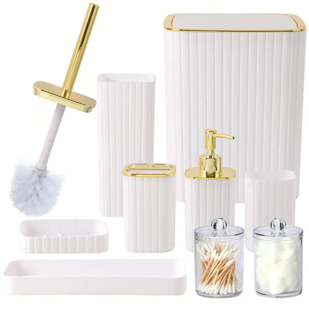 Set Of Gold Bathroom Accessories, White Bathroom Accessory Set, Equipped With Toothbrush Holder, Mouthwash Cup, Soap Dispensing
Set Of Gold Bathroom Accessories, White Bathroom Accessory Set, Equipped With Toothbrush Holder, Mouthwash Cup, Soap Dispensing