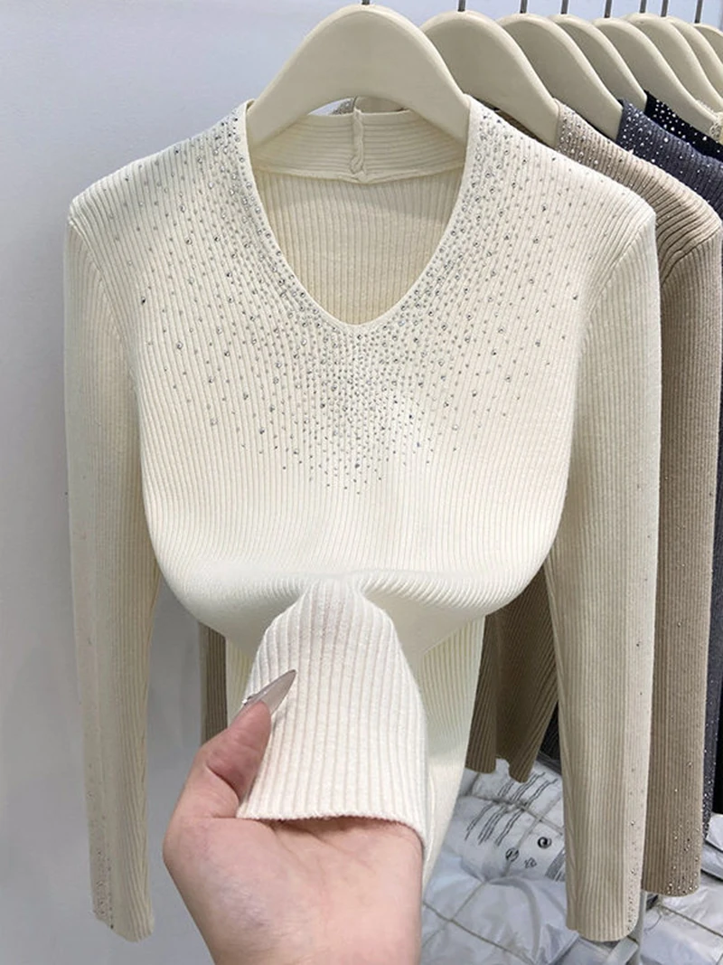 Женская трикотажная кофта с V-образным вырезом и инкрустацией стразами, с длинным рукавом, облегающая, однотонная, базовая модель, новинка весна-осень 2026
Женская трикотажная кофта с V-образным вырезом и инкрустацией стразами, с длинным рукавом, облегающая, однотонная, базовая модель, новинка весна-осень 2026