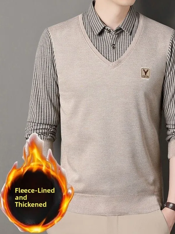 Thickened Shirt Collar One-Piece Fleece Knitted Sweater Men's Fake Two-Piece Warm Winter Long Sleeve Casual Style Knitwear
Thickened Shirt Collar One-Piece Fleece Knitted Sweater Men's Fake Two-Piece Warm Winter Long Sleeve Casual Style Knitwear