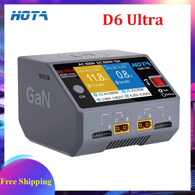 HOTA D6 Ultra AC 300W GaN+SiC DC 650W Dual Channel Charger Charging For 1-6S Lipo LiHV/NiZn/Nicd/NiMH Battery Drones XT60 XT30
HOTA D6 Ultra AC 300W GaN+SiC DC 650W Dual Channel Charger Charging For 1-6S Lipo LiHV/NiZn/Nicd/NiMH Battery Drones XT60 XT30