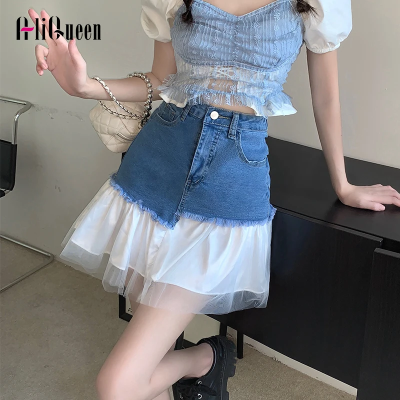Summer Women High Waist Streetwear Vintage Mesh Patchwork Ruffles Denim Skirt Harajuku A-Line Mini Irregular Casual Black Skirts
Summer Women High Waist Streetwear Vintage Mesh Patchwork Ruffles Denim Skirt Harajuku A-Line Mini Irregular Casual Black Skirts