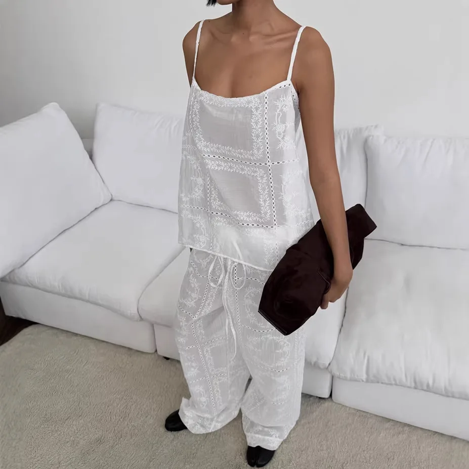 Embroidered hollow one-piece vest small suspender straight wide-leg pants two-piece set women's lazy style temperament set
Embroidered hollow one-piece vest small suspender straight wide-leg pants two-piece set women's lazy style temperament set