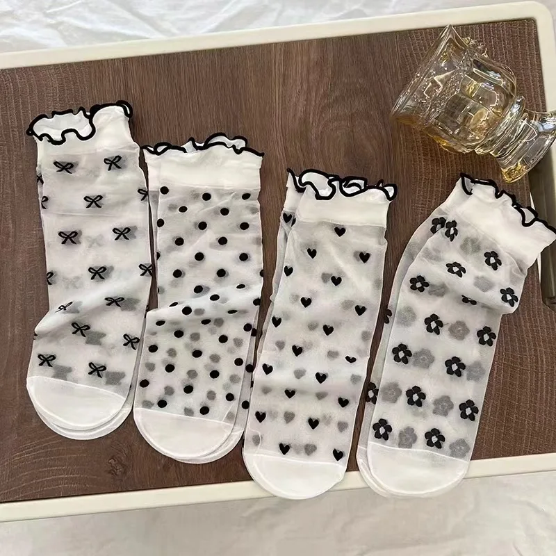 Socks Women Ultra-thin Female Middle Tube Ruffle Mesh Socks Dot Love Print Summer Glass Silk Cute Kawaii Lolita Thin Stocking
Socks Women Ultra-thin Female Middle Tube Ruffle Mesh Socks Dot Love Print Summer Glass Silk Cute Kawaii Lolita Thin Stocking