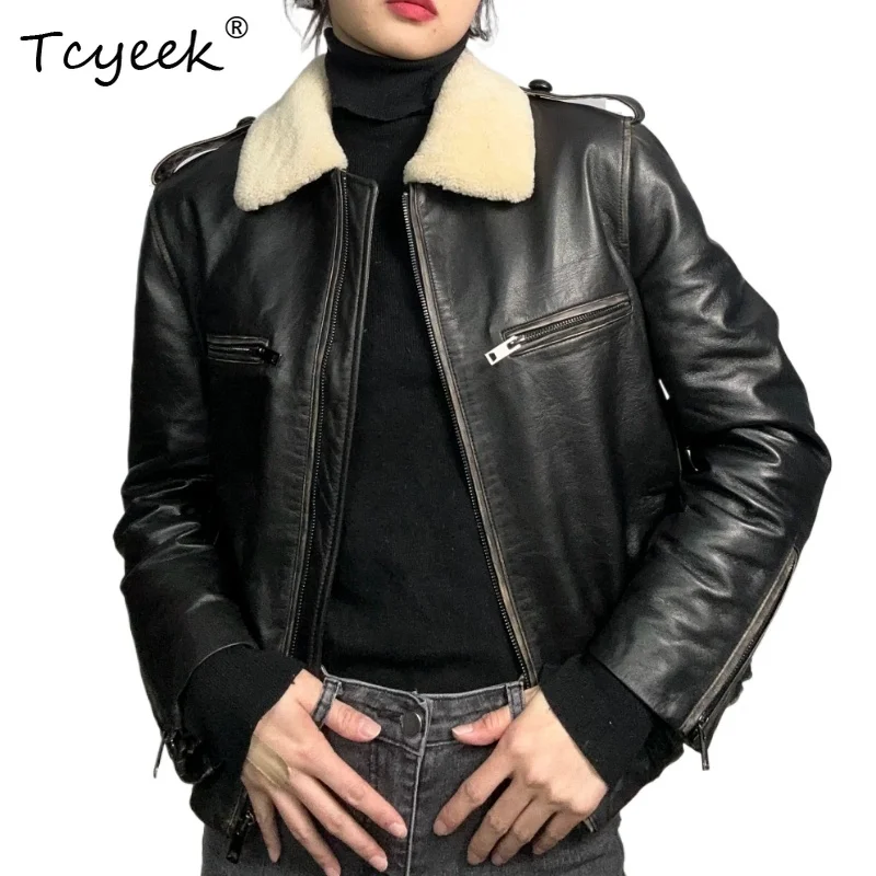 Tcyeek Real Leather Jacket Women Fall Winter Clothes Loose Fit Fashion Sheepskin Coat for Ladies Lamb Wool Collar Chaqueta Cuero
Tcyeek Real Leather Jacket Women Fall Winter Clothes Loose Fit Fashion Sheepskin Coat for Ladies Lamb Wool Collar Chaqueta Cuero