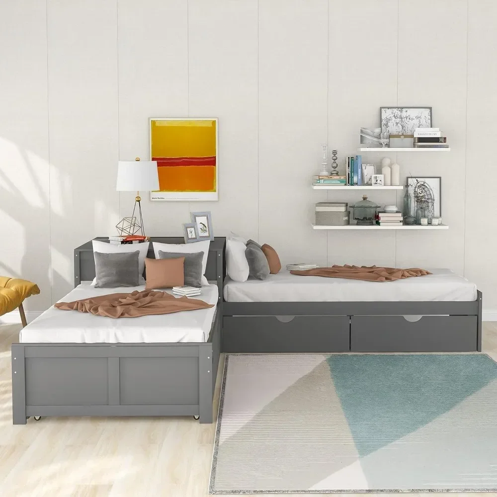 Modern Gray L-Shaped Platform Bed Frame with Trundle and Drawers Linked with Built-in Desk for Kids Boys Girls, Twin size beds
Modern Gray L-Shaped Platform Bed Frame with Trundle and Drawers Linked with Built-in Desk for Kids Boys Girls, Twin size beds