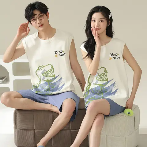 Dinosaur Cartoon Cute Summer Cotton Pajamas for Couples Women and Men Matching Sleepwear Sleeveless Sleeping Top Shorts Pijamas