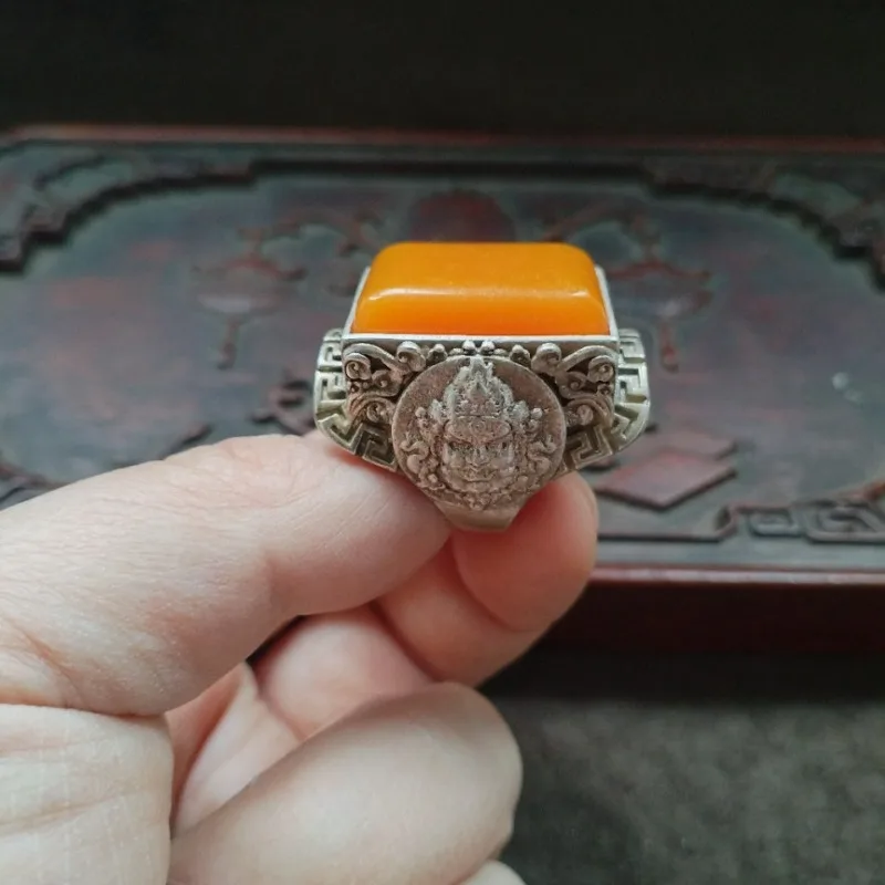 Vintage Patina Silver Ring, Inlaid Amber, God of Wealth Square Design, Ancient Craft Jewelry
Vintage Patina Silver Ring, Inlaid Amber, God of Wealth Square Design, Ancient Craft Jewelry