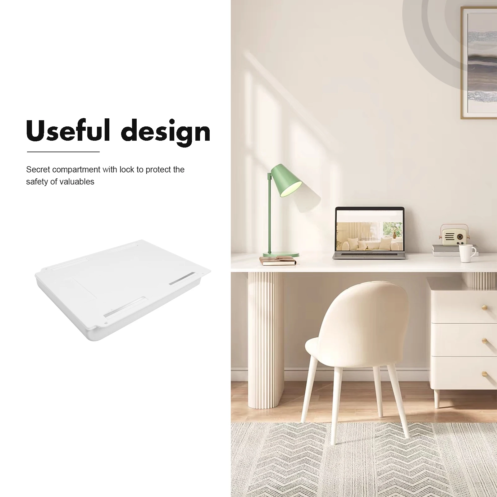 Hidden Storage Box under Desk Drawer Large Capacity White Plastic Lockable Stationery Organizer No Drilling Required 
Hidden Storage Box under Desk Drawer Large Capacity White Plastic Lockable Stationery Organizer No Drilling Required