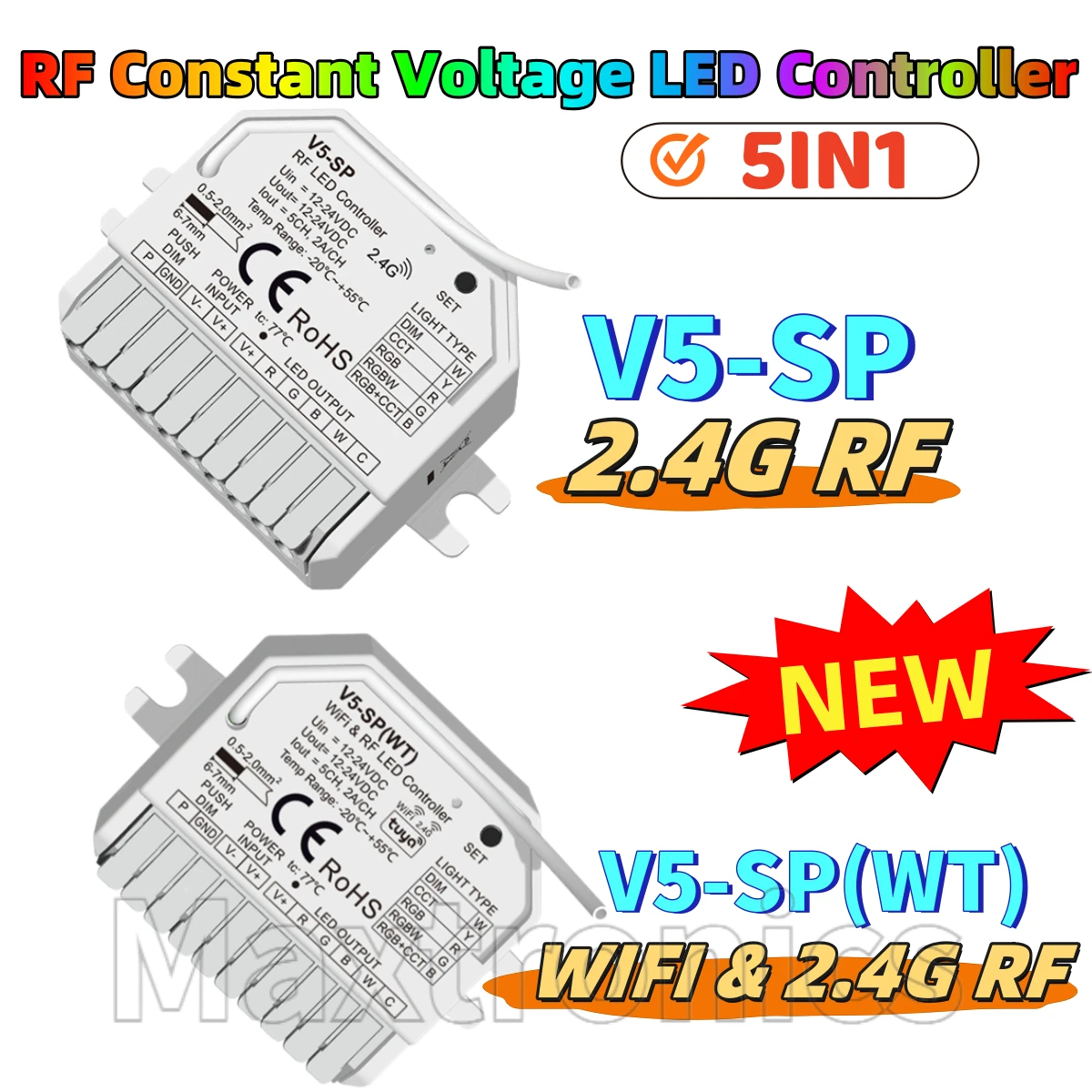 Контроллер Skydance 5 в 1 WiFi и RF CV V5-SP (WT) (приложение Tuya)/V5-SP (Push Dim) для одноцветных/CCT/RGB/RGBW/RGB+CCT светодиодных лент
Контроллер Skydance 5 в 1 WiFi и RF CV V5-SP (WT) (приложение Tuya)/V5-SP (Push Dim) для одноцветных/CCT/RGB/RGBW/RGB+CCT светодиодных лент