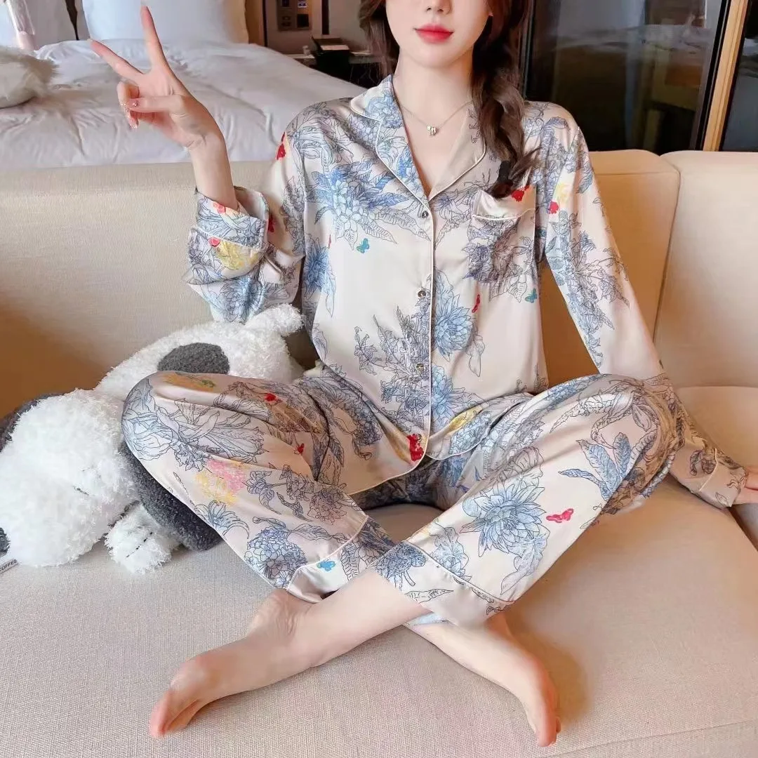 Spring Luxury Ice Silk Color Floral Printed Satin Long Sleeve Shirt Pants Pajamas Set Soft Sleepwear Homewear
Spring Luxury Ice Silk Color Floral Printed Satin Long Sleeve Shirt Pants Pajamas Set Soft Sleepwear Homewear