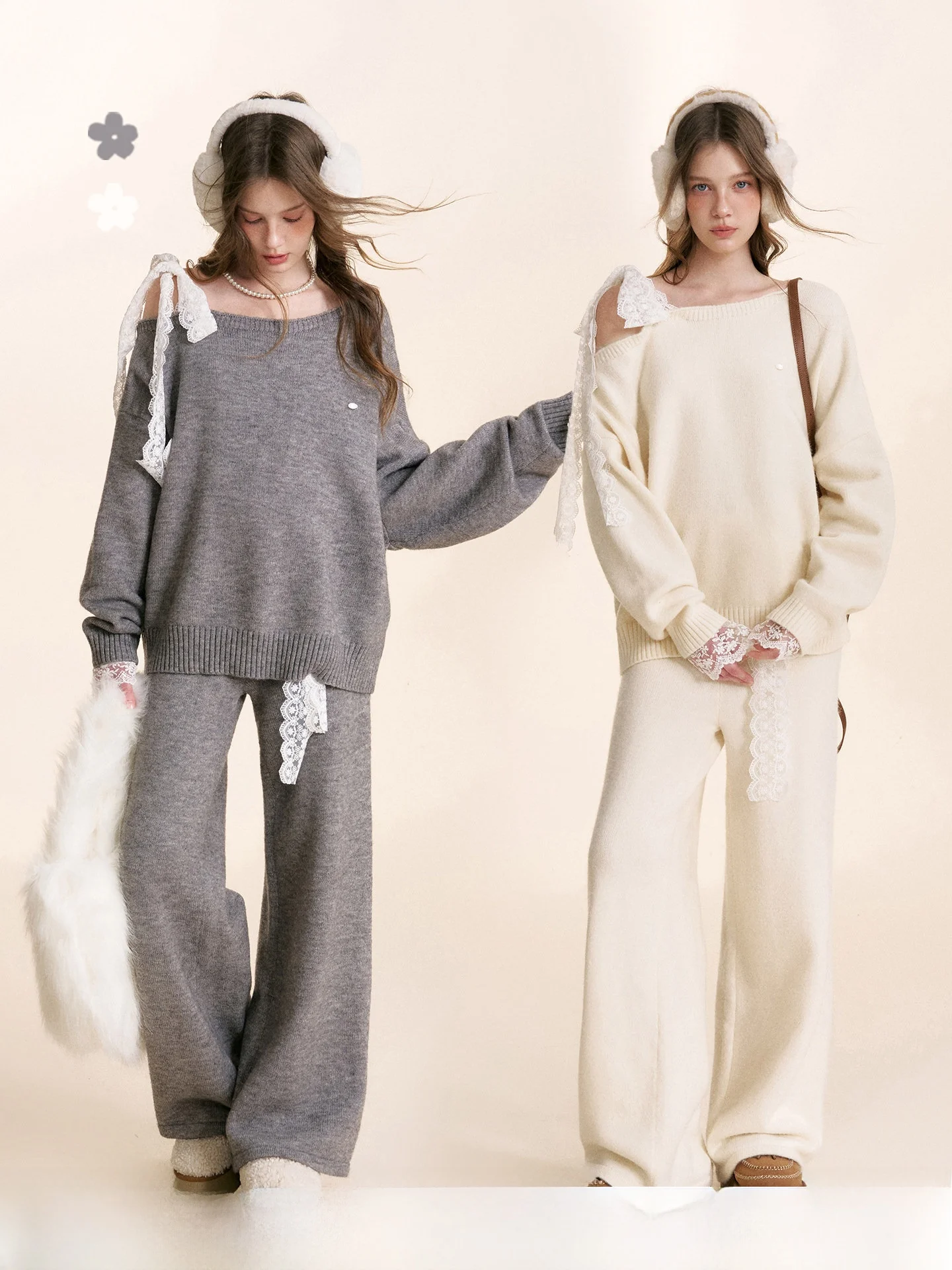 Amy Kroche Wool Blend Lace Knot oulder Loose Knitted Sweater Wide Leg Pants Set Romantic Sle Casual Wear for Women
Amy Kroche Wool Blend Lace Knot oulder Loose Knitted Sweater Wide Leg Pants Set Romantic Sle Casual Wear for Women