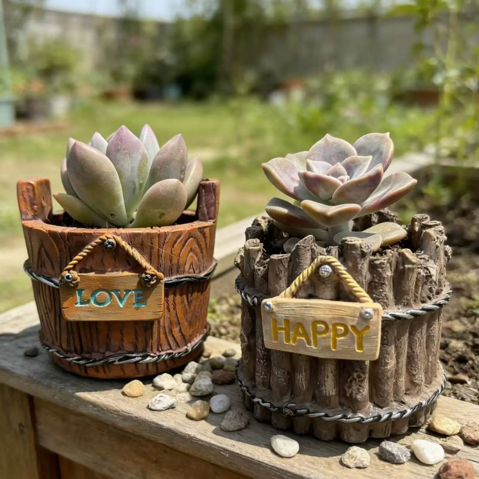 Vintage Wooden Pail Pot Lightweight Decorative Planter with Sign Resin Barrel Planter Weather Resistant Rustic Cacti Pot
Vintage Wooden Pail Pot Lightweight Decorative Planter with Sign Resin Barrel Planter Weather Resistant Rustic Cacti Pot