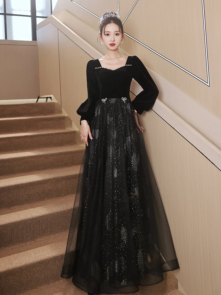 Elegant Women's Black Evening Dress Beaded Square Collar Long Sleeve Diamonds Applique A-line Gown French Style Female Dresses
Elegant Women's Black Evening Dress Beaded Square Collar Long Sleeve Diamonds Applique A-line Gown French Style Female Dresses