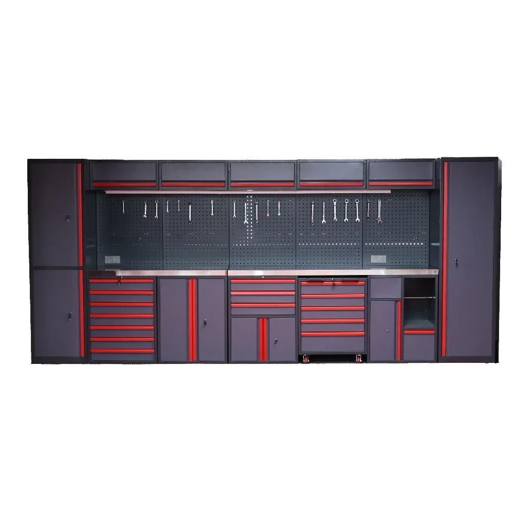 Custom Heavy Duty Metal Garage Workbench System 15 Drawers Rolling Tool Cabinet Combo with Lockable Cabinets and Power Strip
Custom Heavy Duty Metal Garage Workbench System 15 Drawers Rolling Tool Cabinet Combo with Lockable Cabinets and Power Strip