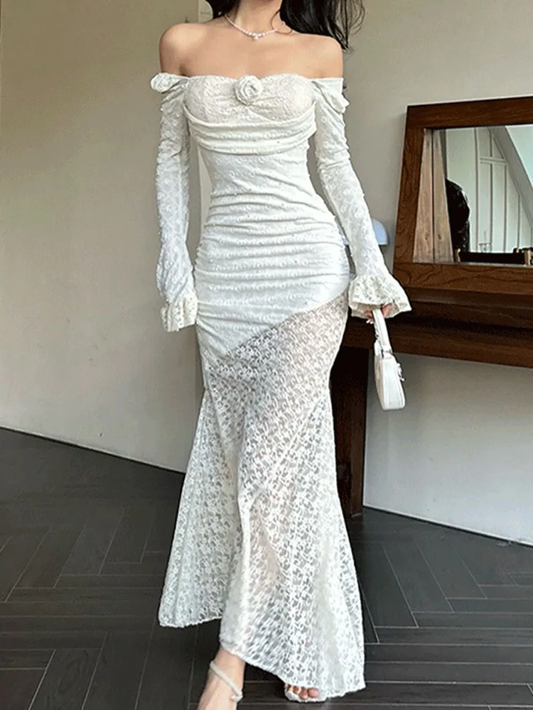 White Long Dresses Women French Style Lace Mermaid Dress Female Off Shoulder Elegant Dress Sexy Square Collar Party Midi Dresses
White Long Dresses Women French Style Lace Mermaid Dress Female Off Shoulder Elegant Dress Sexy Square Collar Party Midi Dresses