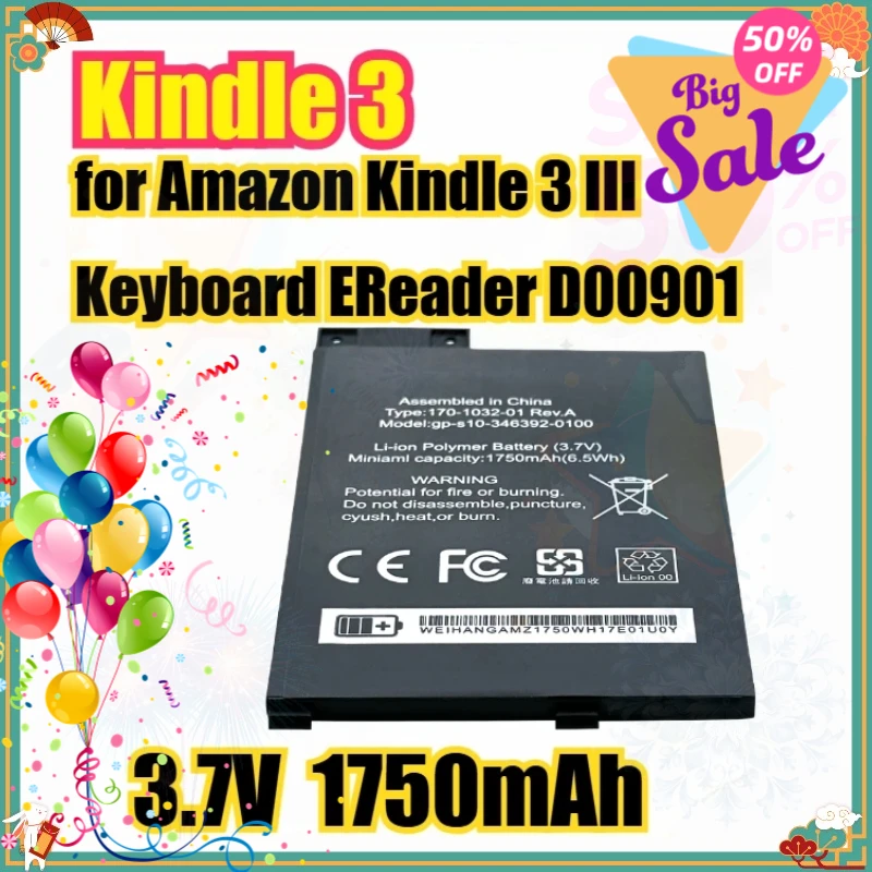 3.7V 1750mAh Kindle 3 Battery for Amazon Kindle 3 III Keyboard EReader D00901 Graphite 170-1032-00 / FS249
3.7V 1750mAh Kindle 3 Battery for Amazon Kindle 3 III Keyboard EReader D00901 Graphite 170-1032-00 / FS249