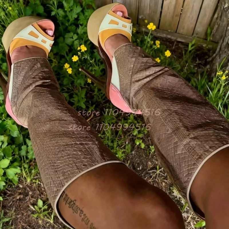 Patchwork Platform Stiletto Knee High Boots Women Leather Open Toe Slip On Long Boots Fashion Trendy Summer Catwalk Party Shoes
Patchwork Platform Stiletto Knee High Boots Women Leather Open Toe Slip On Long Boots Fashion Trendy Summer Catwalk Party Shoes