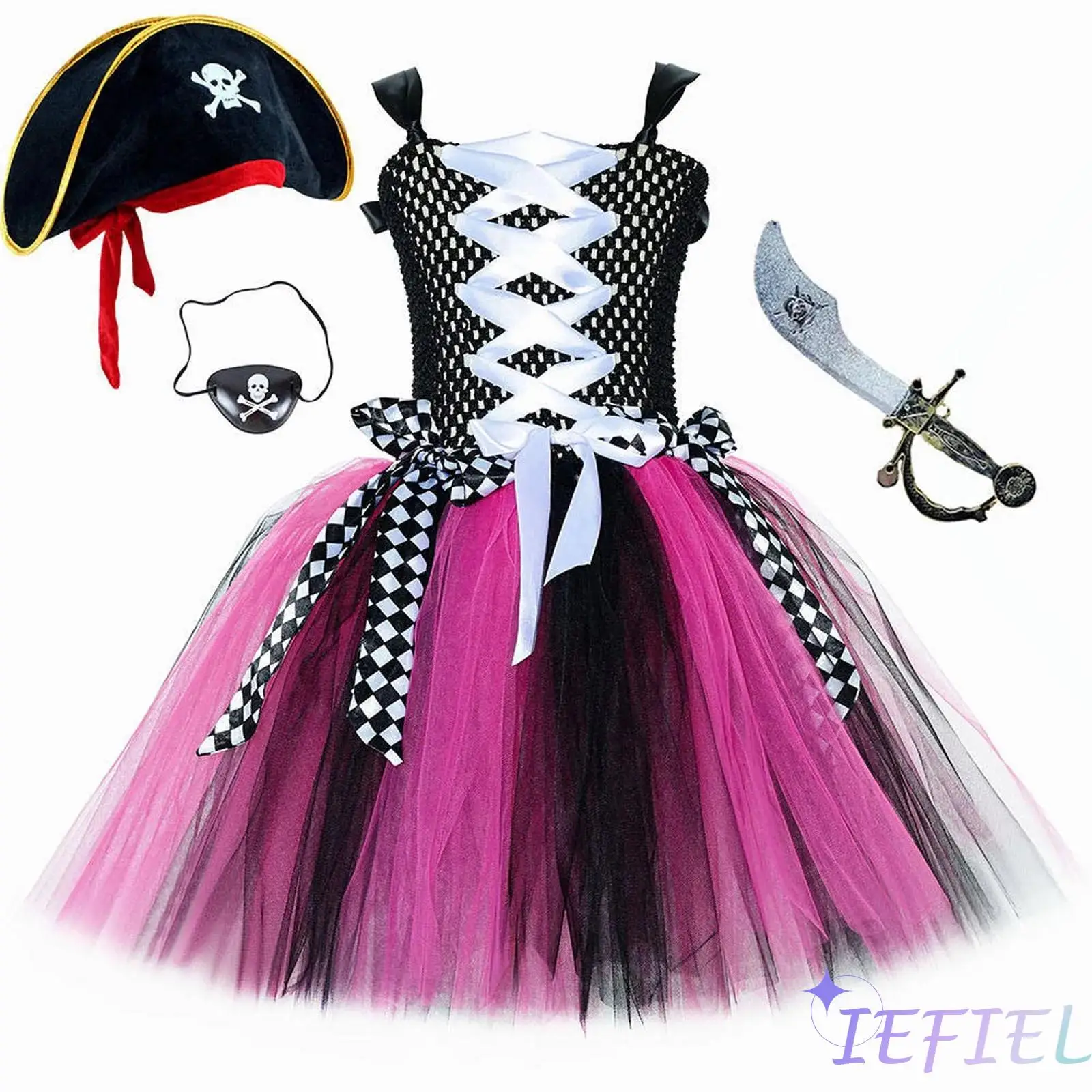 Kids Girls 4Pcs/ 6Pcs Pirate Costume Set Puffy Mesh Dress with Matched Skull Print Hat Eye Mask And Knife Toy Gloves Socks
Kids Girls 4Pcs/ 6Pcs Pirate Costume Set Puffy Mesh Dress with Matched Skull Print Hat Eye Mask And Knife Toy Gloves Socks