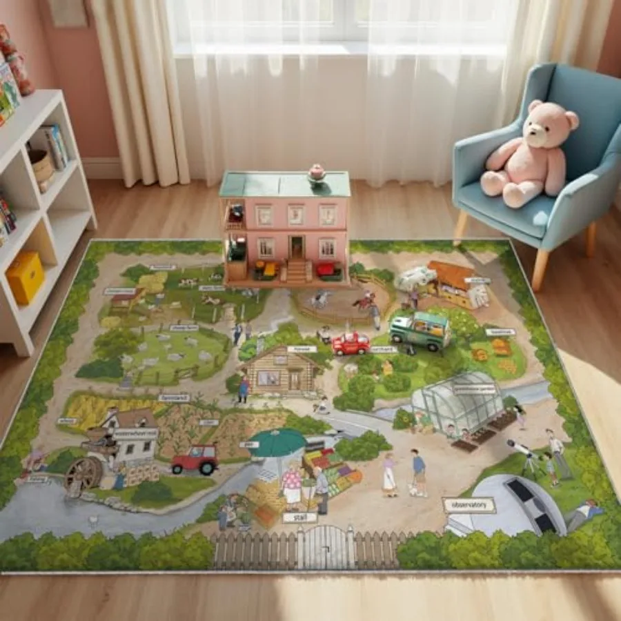 Farm Adventure Play Rug, 5x7ft non-slip faux wool carpet in green and brown with interactive English words and educational trav
Farm Adventure Play Rug, 5x7ft non-slip faux wool carpet in green and brown with interactive English words and educational trav