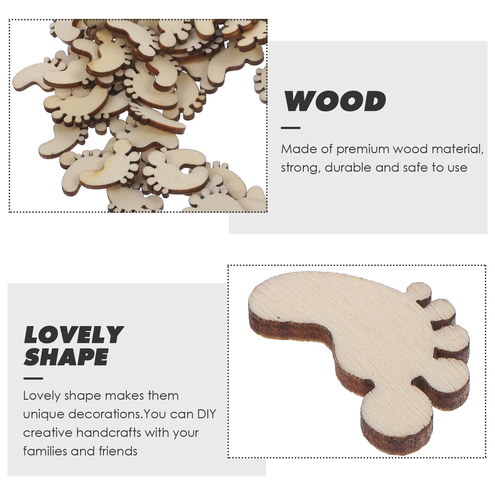 100Pcs Durable Wooden Cutouts Cartoon Foot Shape DIY Handcrafts for Various Parties Christmas Wedding Decor Wooden Cutouts 
100Pcs Durable Wooden Cutouts Cartoon Foot Shape DIY Handcrafts for Various Parties Christmas Wedding Decor Wooden Cutouts