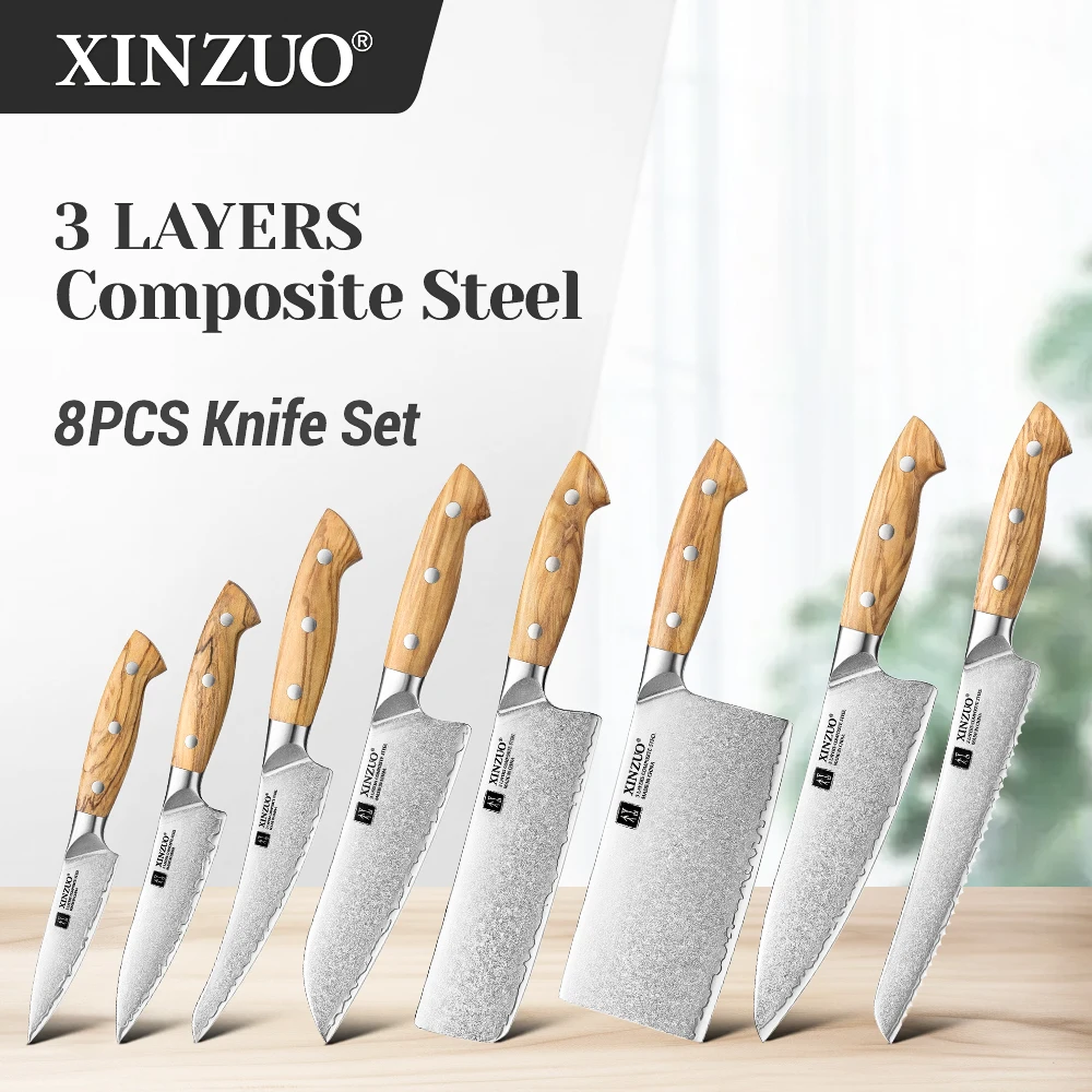 XINZUO Высококачественный набор кухонных ножей, 8 шт., набор ножей, 3 слоя композитного стального лезвия, твердость сердечника 60 ± 2HRC, удобная ручка
XINZUO Высококачественный набор кухонных ножей, 8 шт., набор ножей, 3 слоя композитного стального лезвия, твердость сердечника 60 ± 2HRC, удобная ручка
