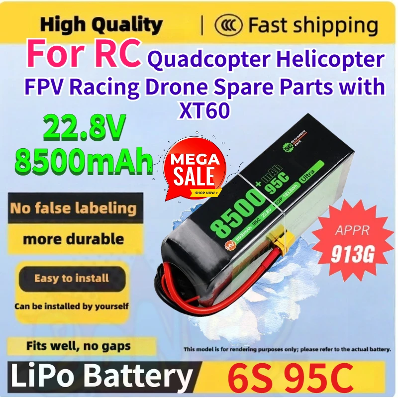 High-Capacity 22.8V 8500mAh 6S 95C LiPo Battery For RC Quadcopter Helicopter FPV Racing Drone Spare Parts Rechargeable Battery
High-Capacity 22.8V 8500mAh 6S 95C LiPo Battery For RC Quadcopter Helicopter FPV Racing Drone Spare Parts Rechargeable Battery
