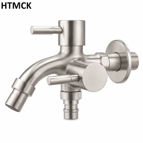 HTMCK 304 Stainless Steel Faucet Lengthened One into Two out Multi-Function Double-Outlet Washing Machine Faucet