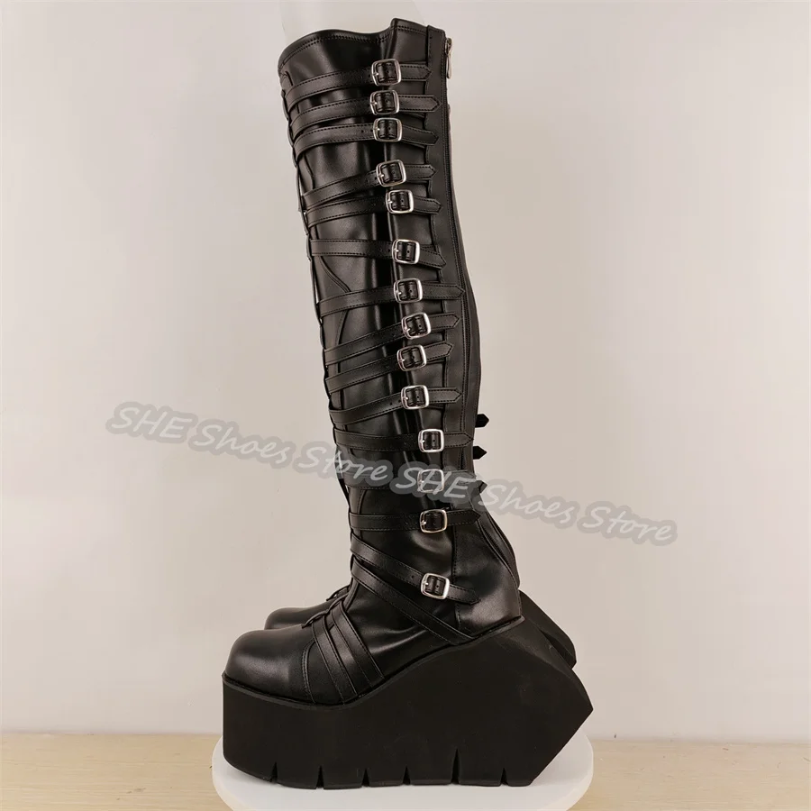 Punk Belt Buckles Chunky Bottom High Heel Platform Boots Women Black Leather Wedges Knee High Boots Zipper Deisgn Long Boots
Punk Belt Buckles Chunky Bottom High Heel Platform Boots Women Black Leather Wedges Knee High Boots Zipper Deisgn Long Boots